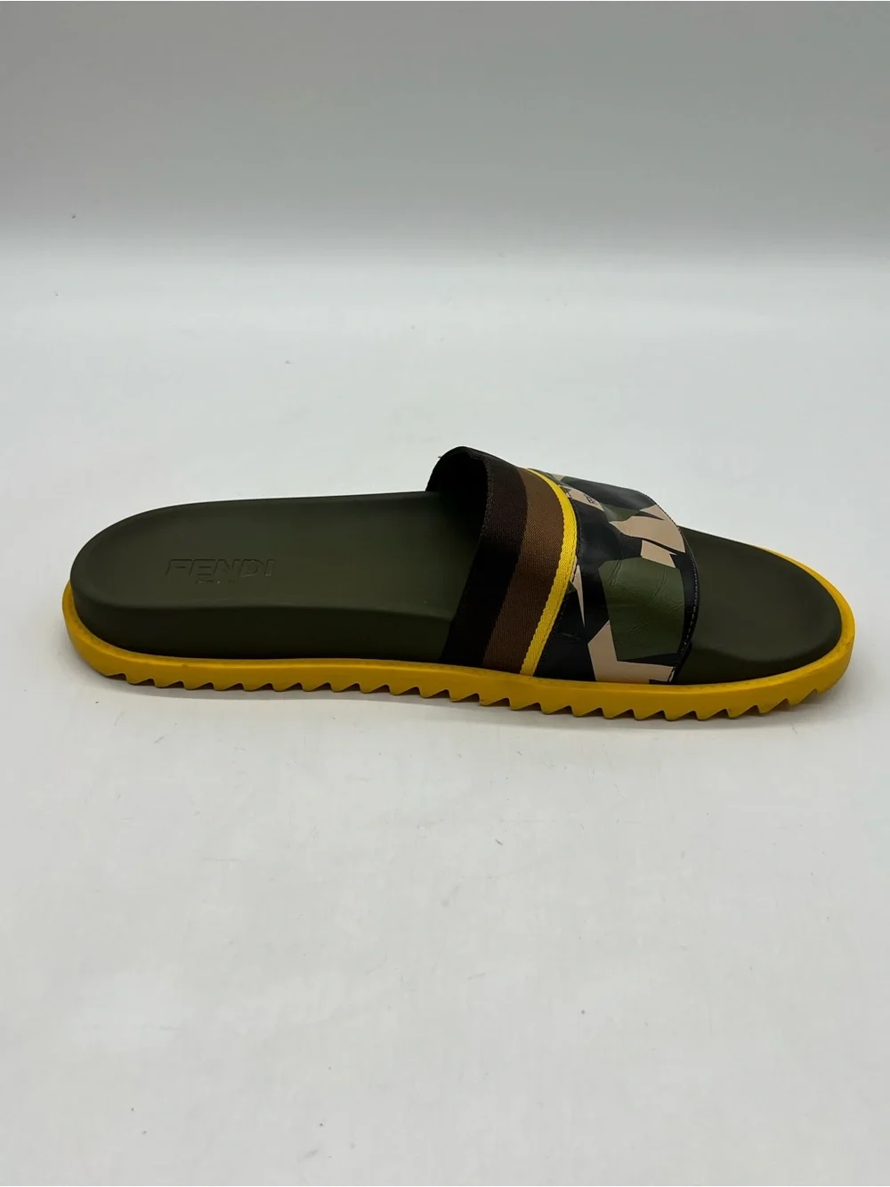 FENDI Yellow Green Camo Leather Men’s Size 11 flip flops Fashion Sandals Shoes